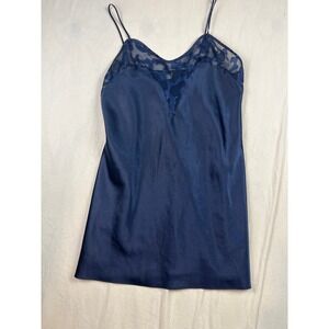 California Miss Vintage Navy Blue Satin Chemise Nightgown Mesh Embroidered Trim